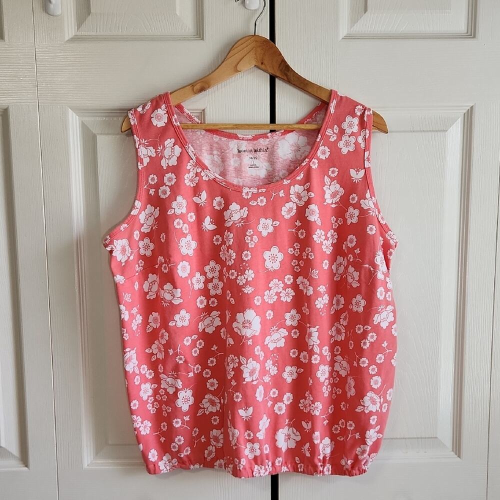 Woman Within Coral Floral‎ Sleeveless Top Size LG Elastic Waistband Colorful